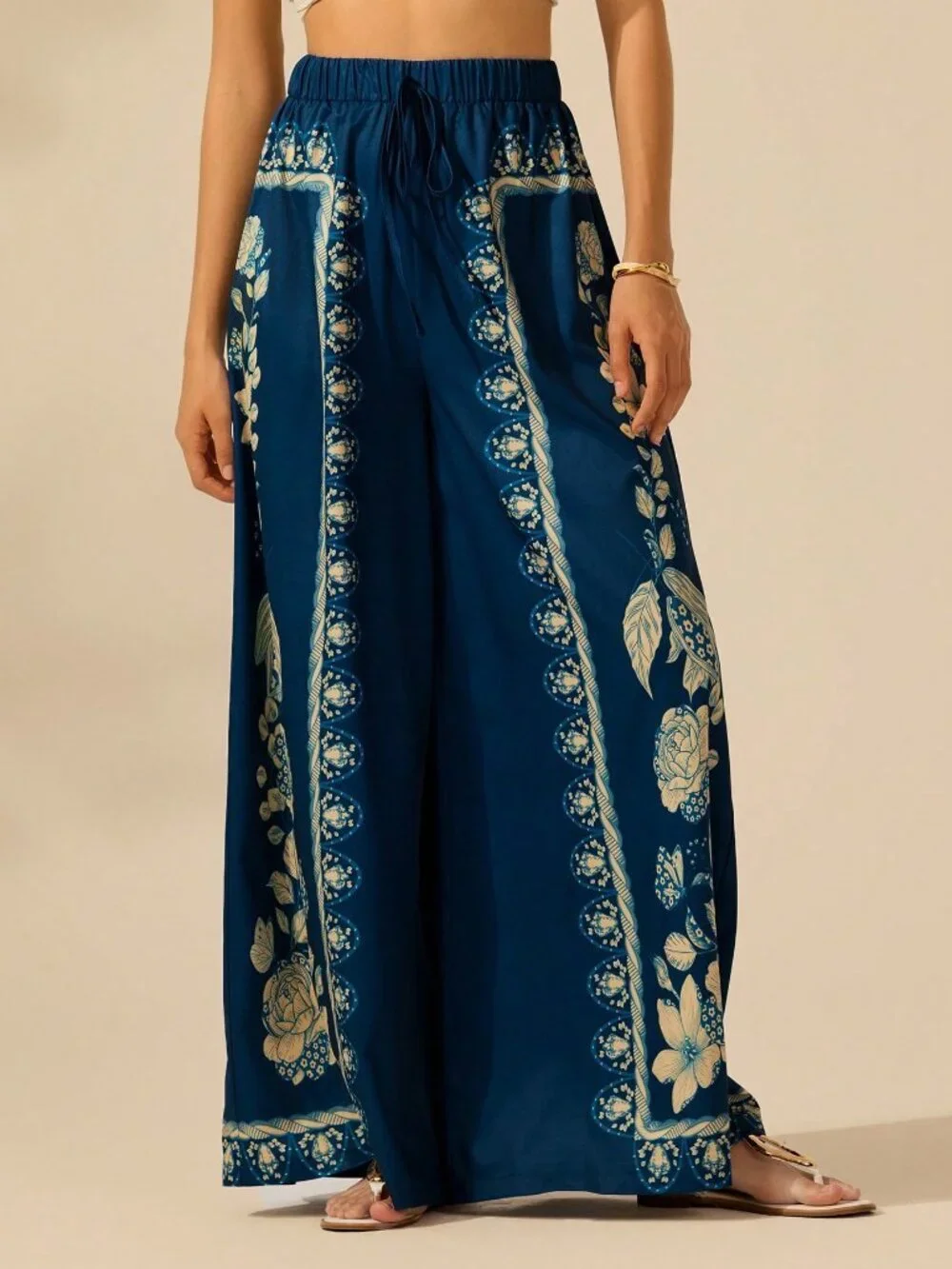 Dark Blue Boho Women's Tropical Plant Print Pants - Picture 3 of 7